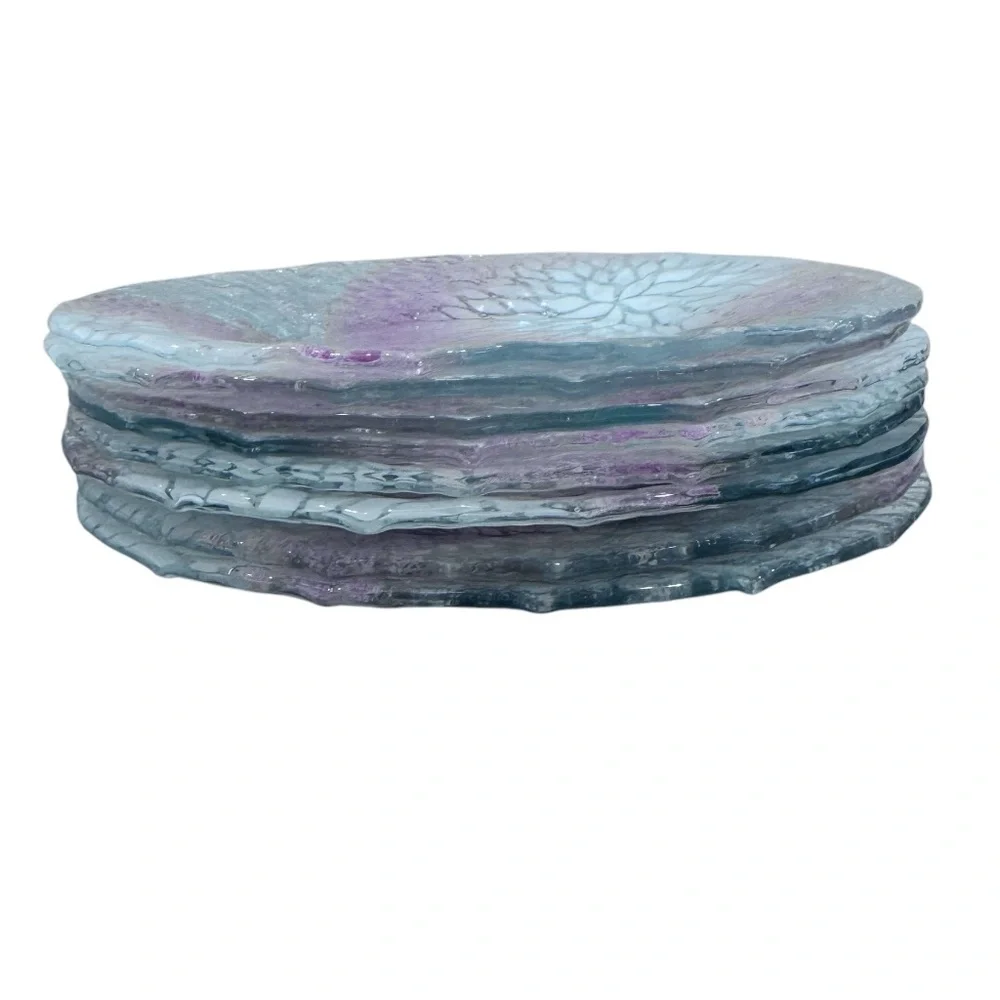 SET OF 8 SYDENSTRICKER CAPE COD PINK & WHITE CHRYSANTHEMUM FUSED GLASS PLATES